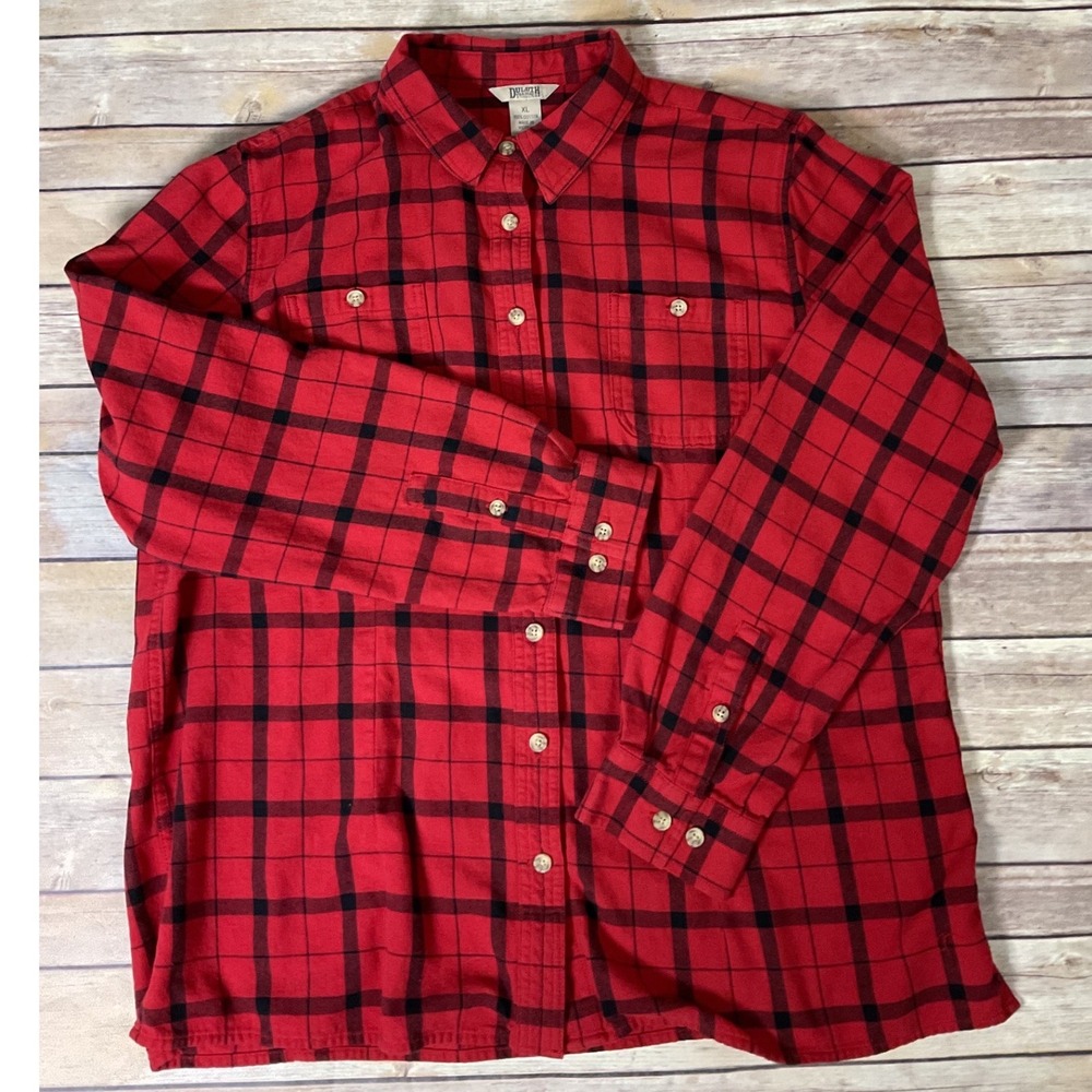 Duluth Trading Co Mens XL Red Black Plaid Flannel Button Down Shirt 100% Cotton